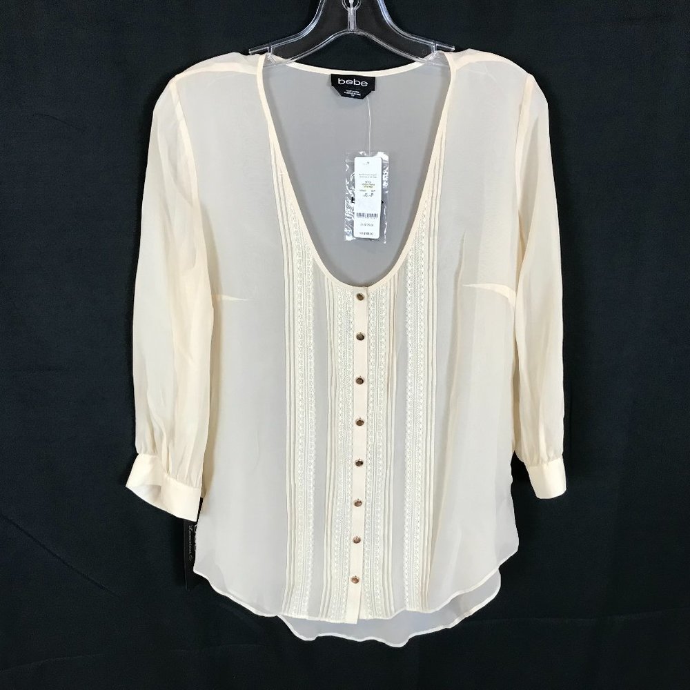 NWT Womens Size Small bebe Cream Pure Silk Pintuck Lace Button Front Blouse Top